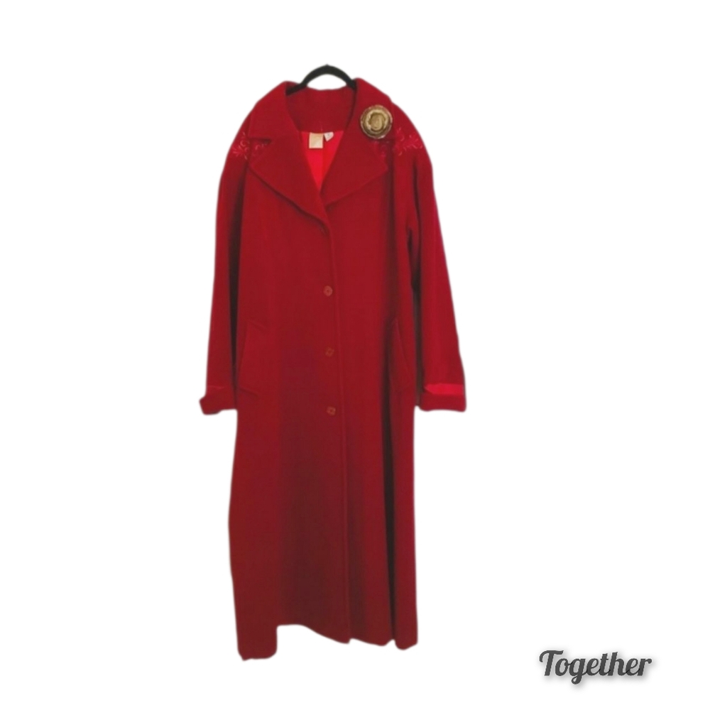 Together Red Wool Long Overcoat with Mink Fur Brooch Size 10